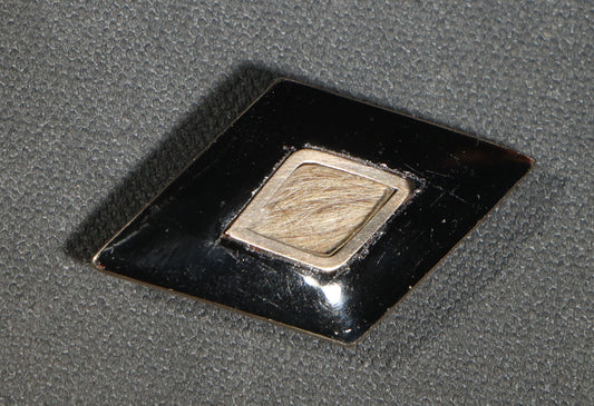 Antique Victorian Hair Work Mourning Brooch, Diamond-Shaped Black Enamel with Hair Under Glass, Engraved "in Memory of My Beloved Father 26th Septr 1888"