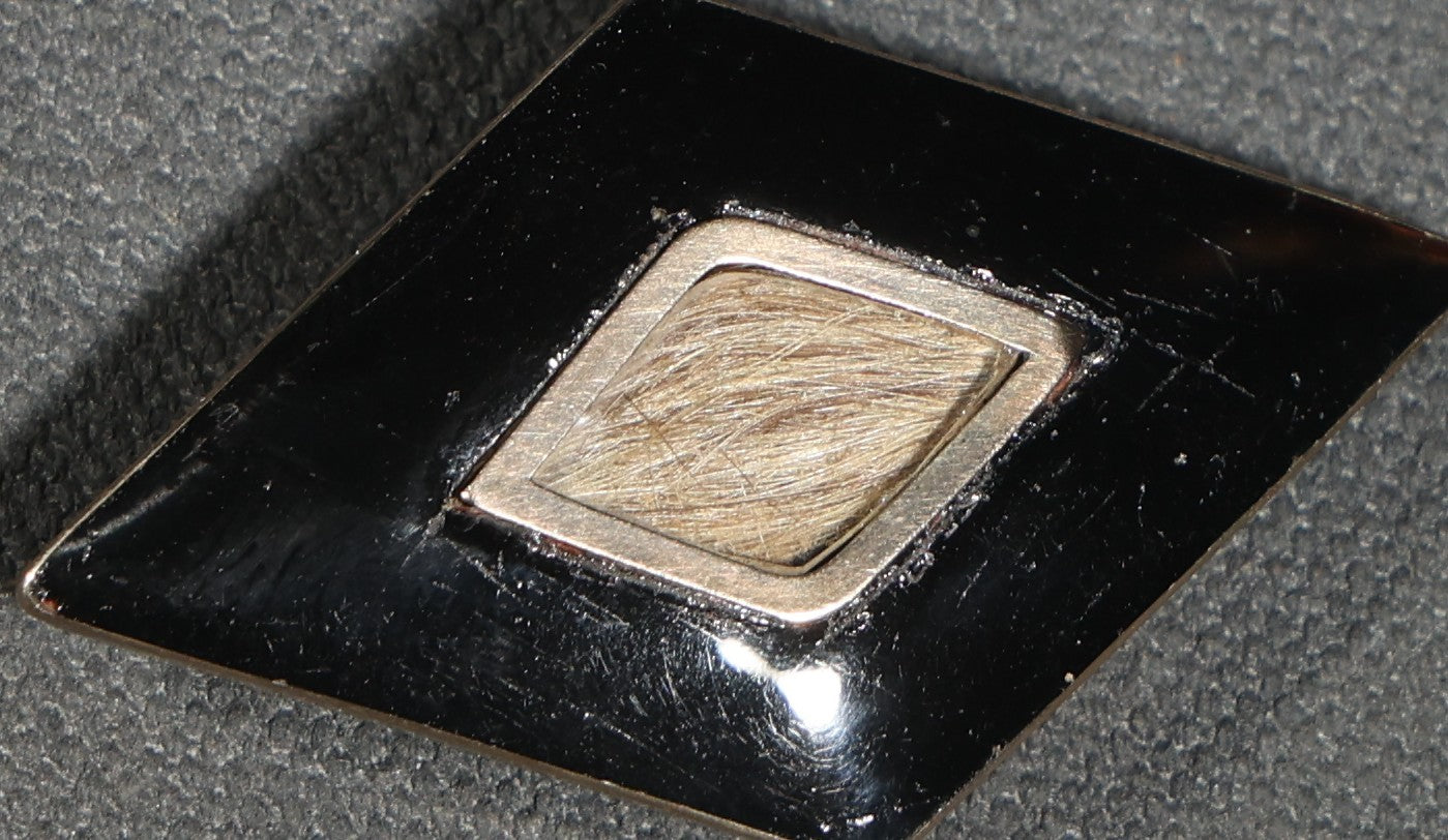 Antique Victorian Hair Work Mourning Brooch, Diamond-Shaped Black Enamel with Hair Under Glass, Engraved "in Memory of My Beloved Father 26th Septr 1888"