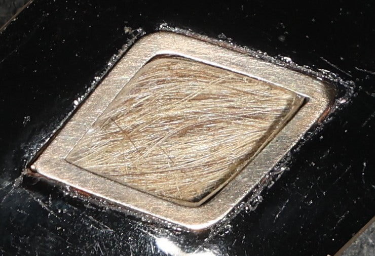 Antique Victorian Hair Work Mourning Brooch, Diamond-Shaped Black Enamel with Hair Under Glass, Engraved "in Memory of My Beloved Father 26th Septr 1888"