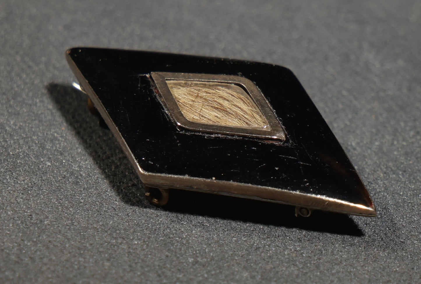 Antique Victorian Hair Work Mourning Brooch, Diamond-Shaped Black Enamel with Hair Under Glass, Engraved "in Memory of My Beloved Father 26th Septr 1888"