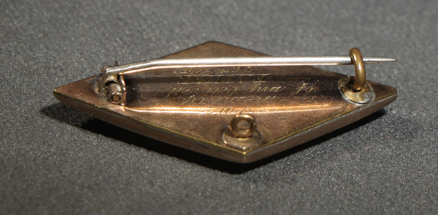 Antique Victorian Hair Work Mourning Brooch, Diamond-Shaped Black Enamel with Hair Under Glass, Engraved "in Memory of My Beloved Father 26th Septr 1888"