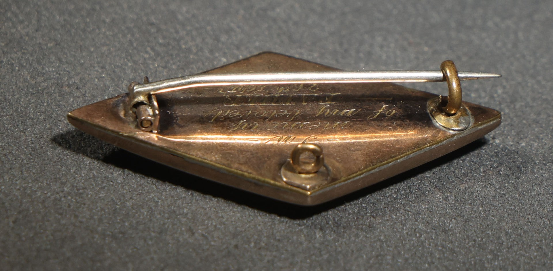 Antique Victorian Hair Work Mourning Brooch, Diamond-Shaped Black Enamel with Hair Under Glass, Engraved "in Memory of My Beloved Father 26th Septr 1888"