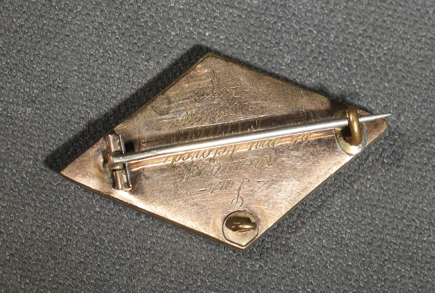 Antique Victorian Hair Work Mourning Brooch, Diamond-Shaped Black Enamel with Hair Under Glass, Engraved "in Memory of My Beloved Father 26th Septr 1888"