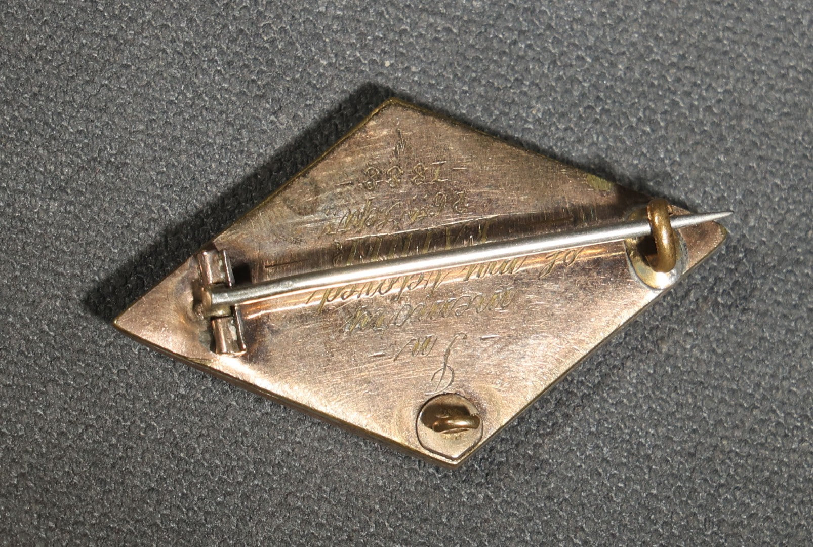 Antique Victorian Hair Work Mourning Brooch, Diamond-Shaped Black Enamel with Hair Under Glass, Engraved "in Memory of My Beloved Father 26th Septr 1888"