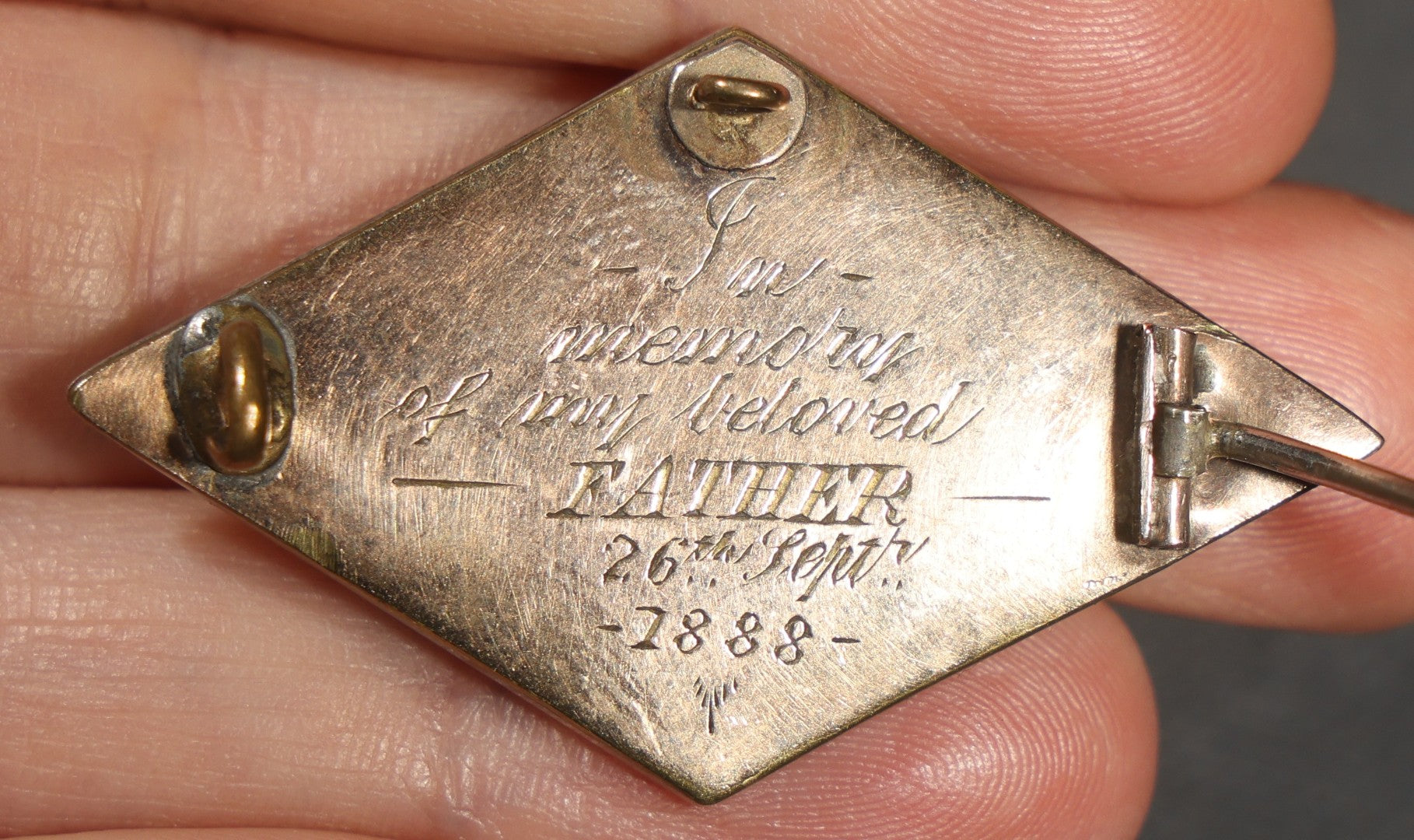Antique Victorian Hair Work Mourning Brooch, Diamond-Shaped Black Enamel with Hair Under Glass, Engraved "in Memory of My Beloved Father 26th Septr 1888"