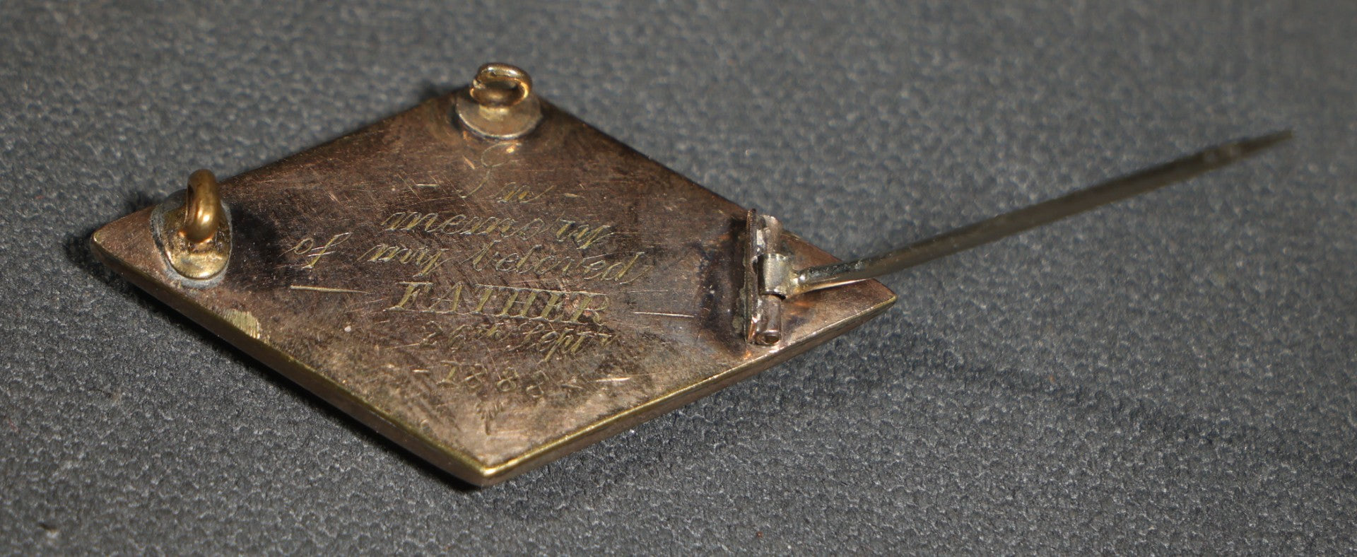 Antique Victorian Hair Work Mourning Brooch, Diamond-Shaped Black Enamel with Hair Under Glass, Engraved "in Memory of My Beloved Father 26th Septr 1888"