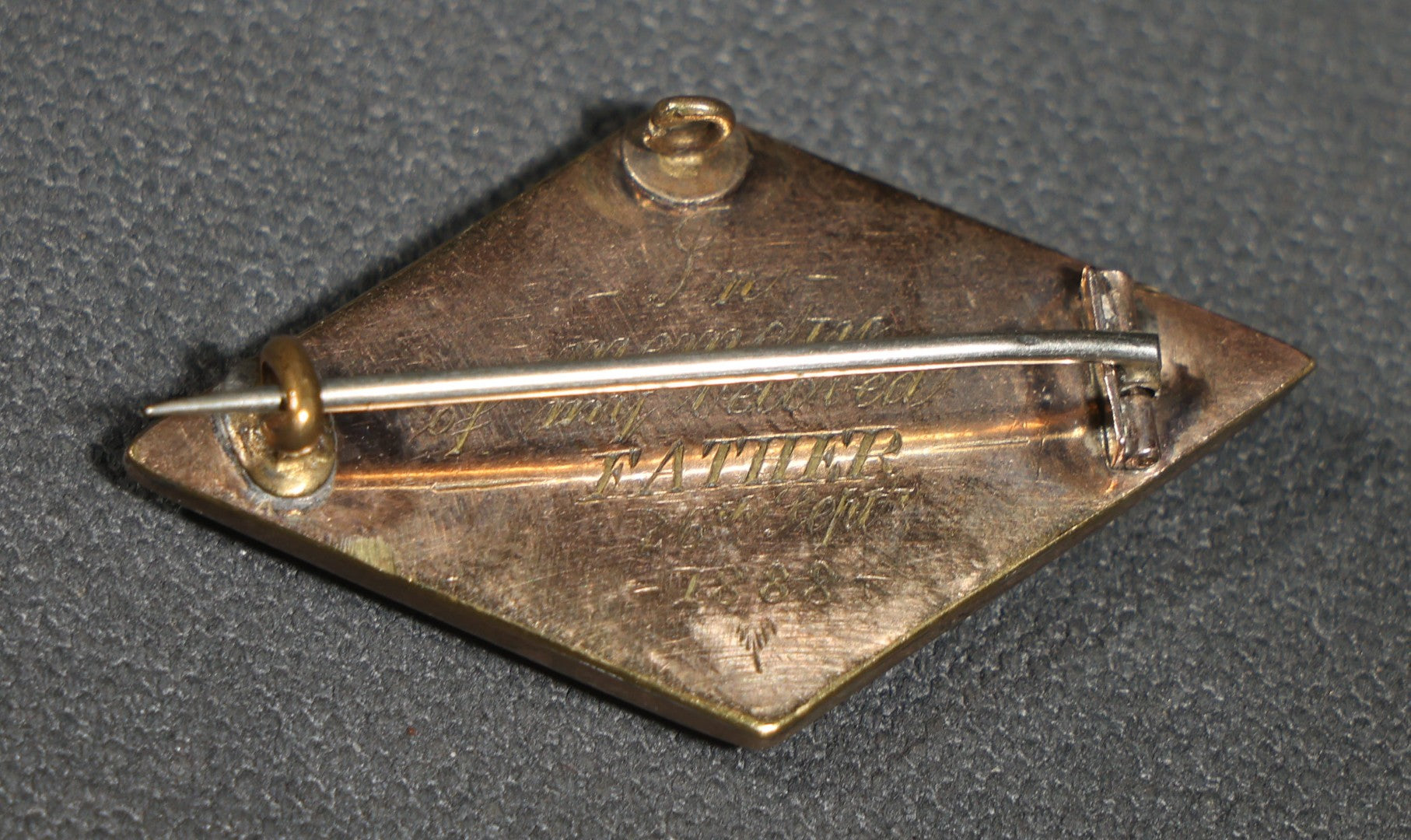 Antique Victorian Hair Work Mourning Brooch, Diamond-Shaped Black Enamel with Hair Under Glass, Engraved "in Memory of My Beloved Father 26th Septr 1888"