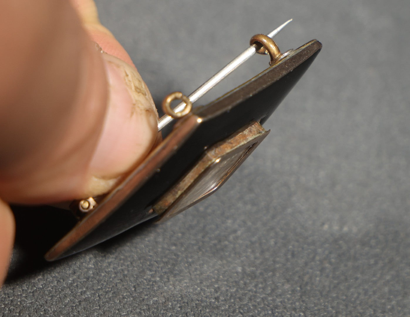 Antique Victorian Hair Work Mourning Brooch, Diamond-Shaped Black Enamel with Hair Under Glass, Engraved "in Memory of My Beloved Father 26th Septr 1888"