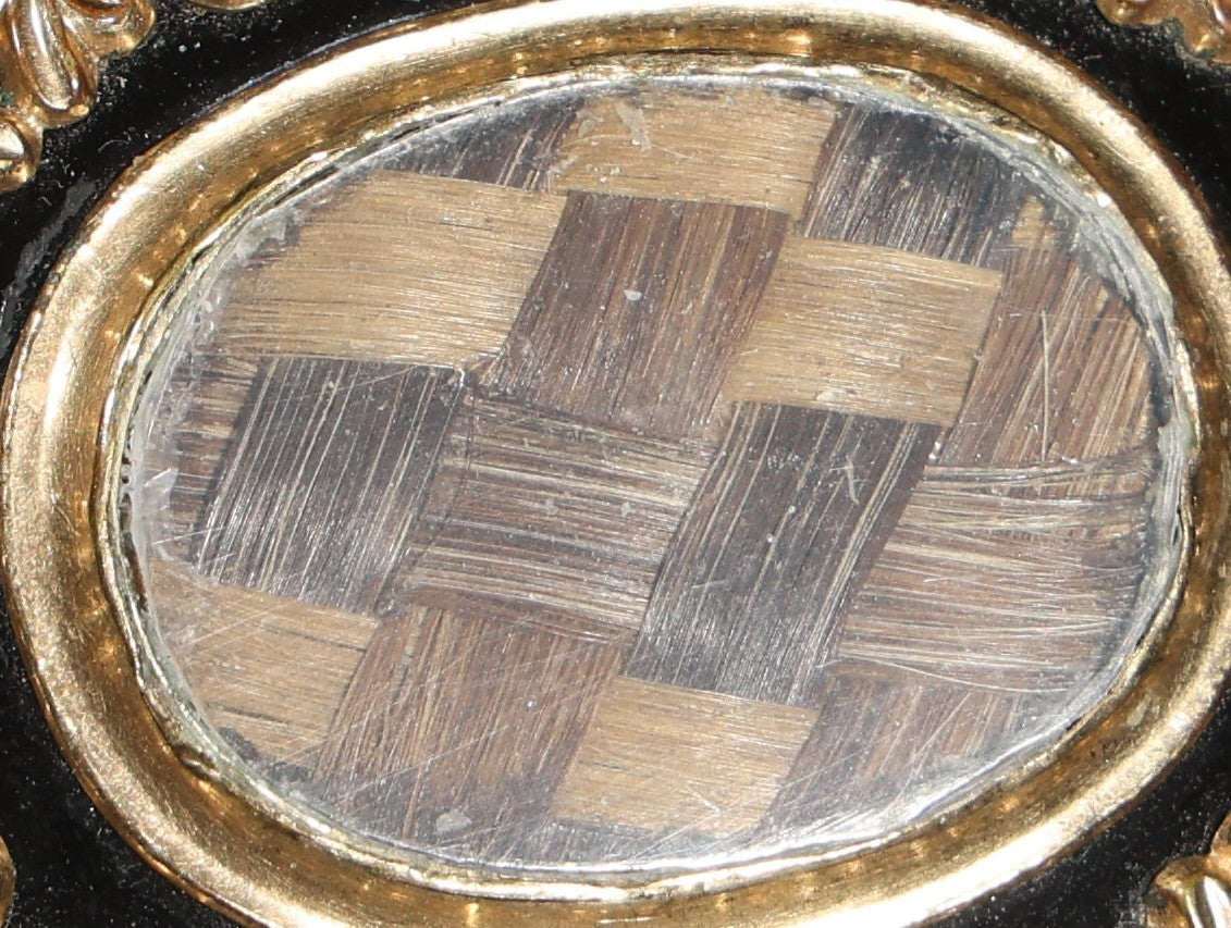 Antique Victorian Hair Work Keepsake Brooch with Woven Hair Under Glass, Black Enamel Border with Gold-Tone Scroll Frame and Pendant Loop