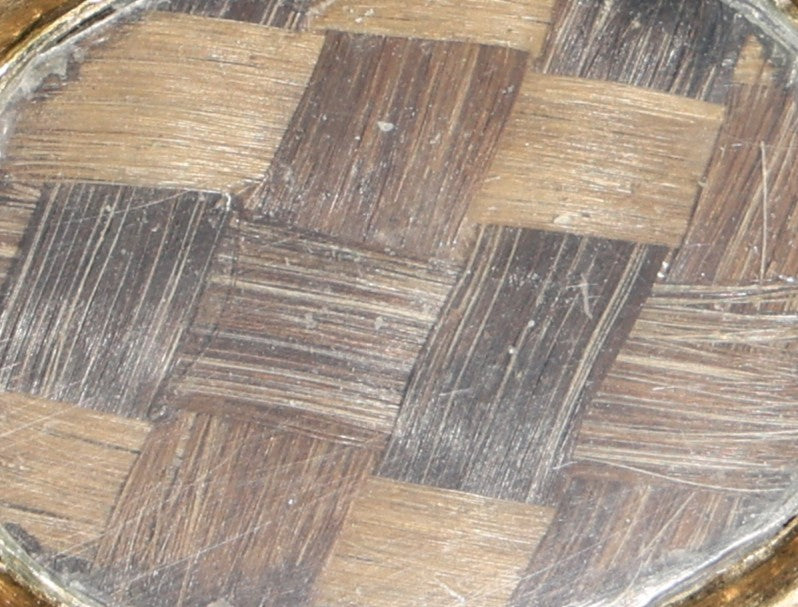 Antique Victorian Hair Work Keepsake Brooch with Woven Hair Under Glass, Black Enamel Border with Gold-Tone Scroll Frame and Pendant Loop