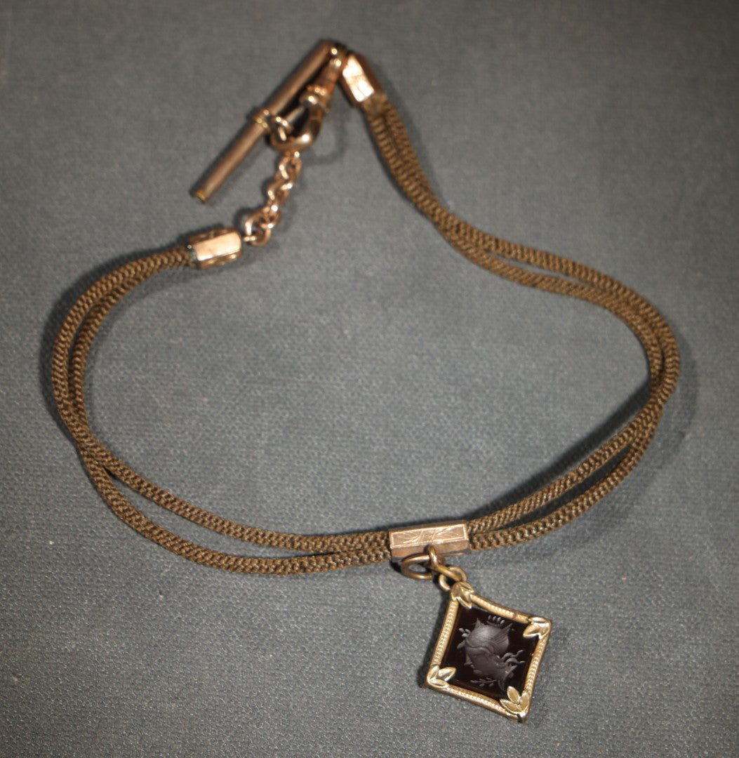 Antique Victorian Woven Hair Watch Chain with Gold-Tone Fittings, Engraved Slider, and Diamond-Shaped Carved Intaglio Fob Depicting Hermes / Mercury in Profile