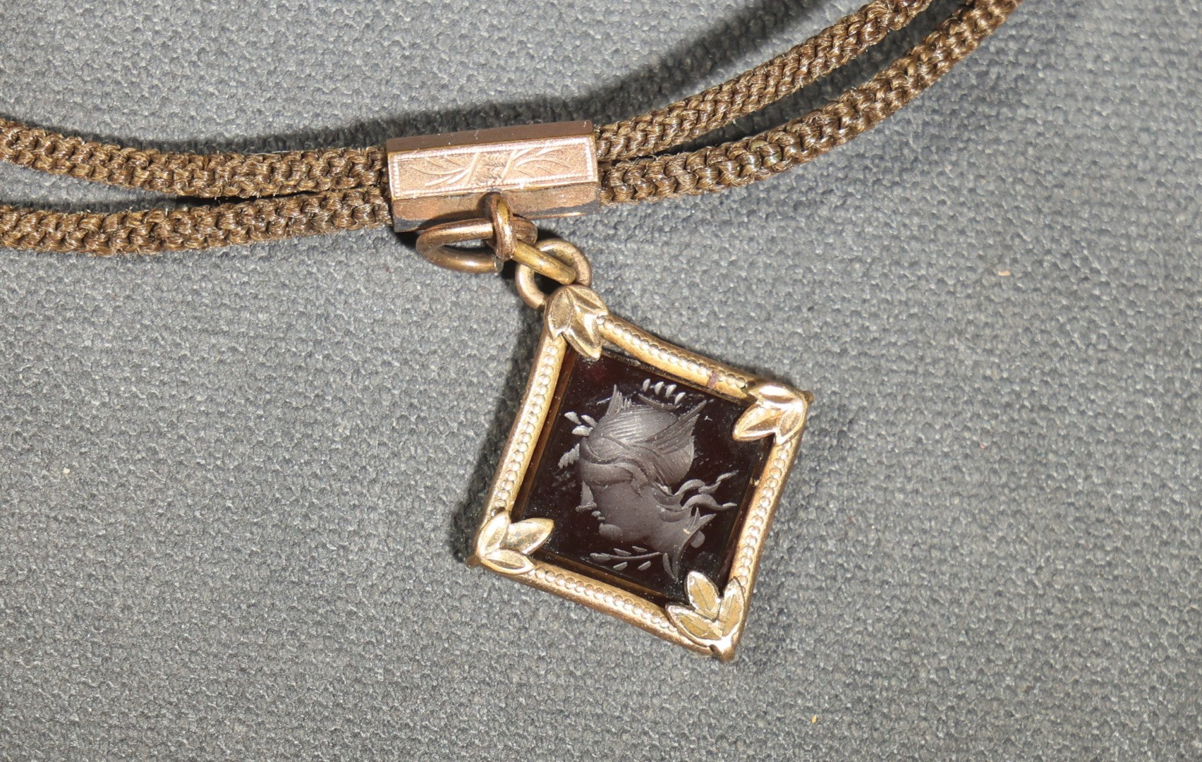Antique Victorian Woven Hair Watch Chain with Gold-Tone Fittings, Engraved Slider, and Diamond-Shaped Carved Intaglio Fob Depicting Hermes / Mercury in Profile