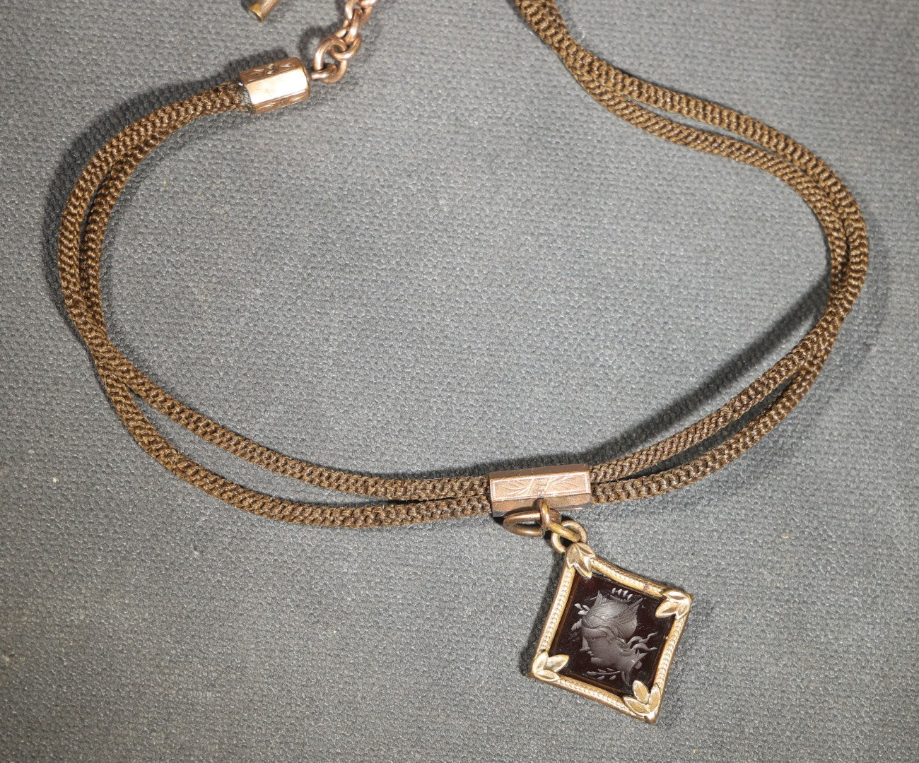 Antique Victorian Woven Hair Watch Chain with Gold-Tone Fittings, Engraved Slider, and Diamond-Shaped Carved Intaglio Fob Depicting Hermes / Mercury in Profile