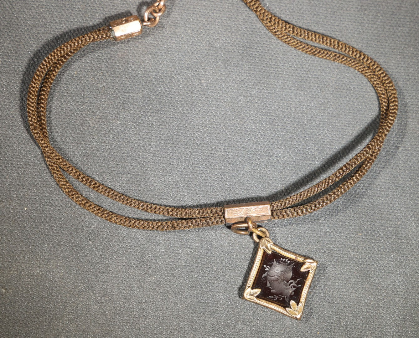 Antique Victorian Woven Hair Watch Chain with Gold-Tone Fittings, Engraved Slider, and Diamond-Shaped Carved Intaglio Fob Depicting Hermes / Mercury in Profile