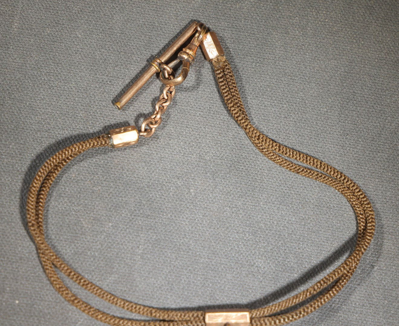 Antique Victorian Woven Hair Watch Chain with Gold-Tone Fittings, Engraved Slider, and Diamond-Shaped Carved Intaglio Fob Depicting Hermes / Mercury in Profile