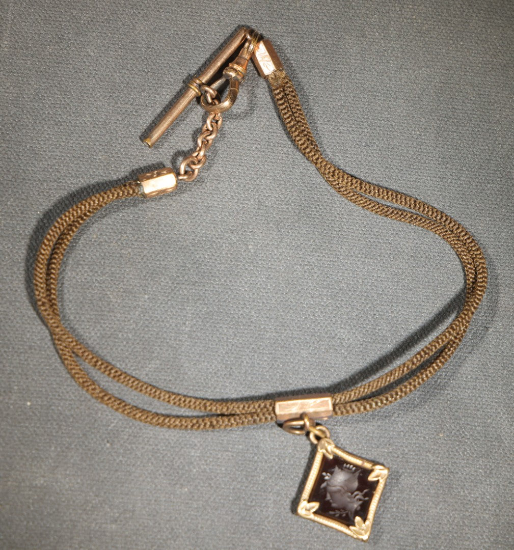 Antique Victorian Woven Hair Watch Chain with Gold-Tone Fittings, Engraved Slider, and Diamond-Shaped Carved Intaglio Fob Depicting Hermes / Mercury in Profile