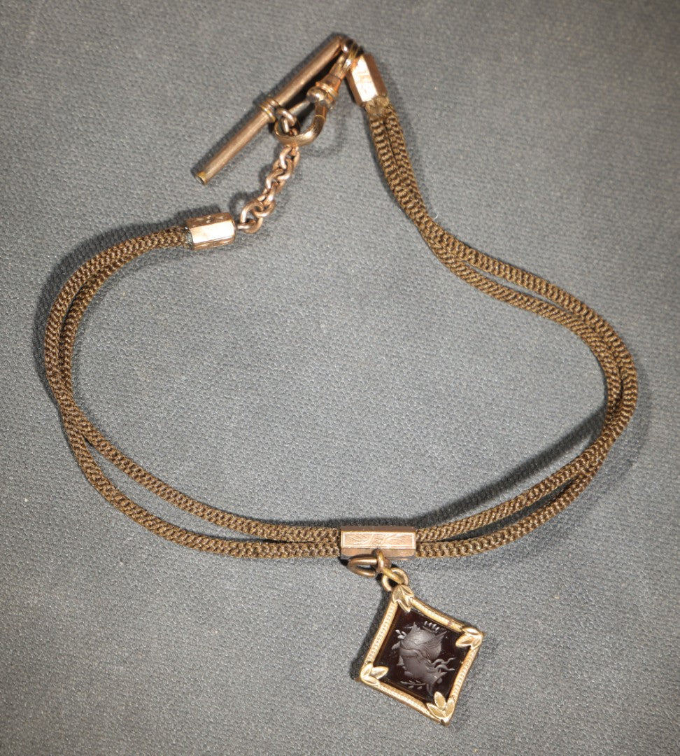 Antique Victorian Woven Hair Watch Chain with Gold-Tone Fittings, Engraved Slider, and Diamond-Shaped Carved Intaglio Fob Depicting Hermes / Mercury in Profile