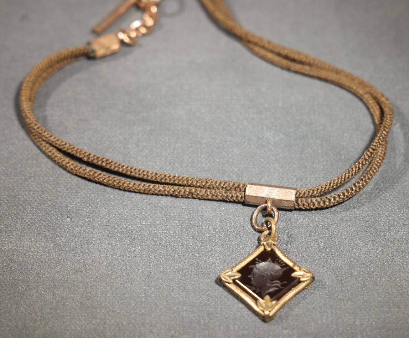 Antique Victorian Woven Hair Watch Chain with Gold-Tone Fittings, Engraved Slider, and Diamond-Shaped Carved Intaglio Fob Depicting Hermes / Mercury in Profile