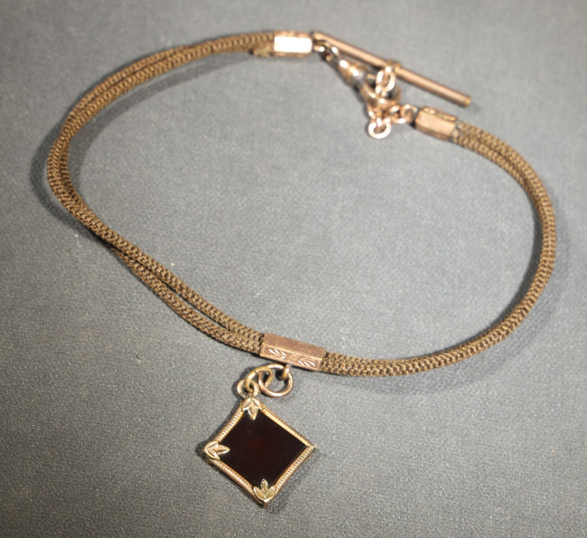 Antique Victorian Woven Hair Watch Chain with Gold-Tone Fittings, Engraved Slider, and Diamond-Shaped Carved Intaglio Fob Depicting Hermes / Mercury in Profile