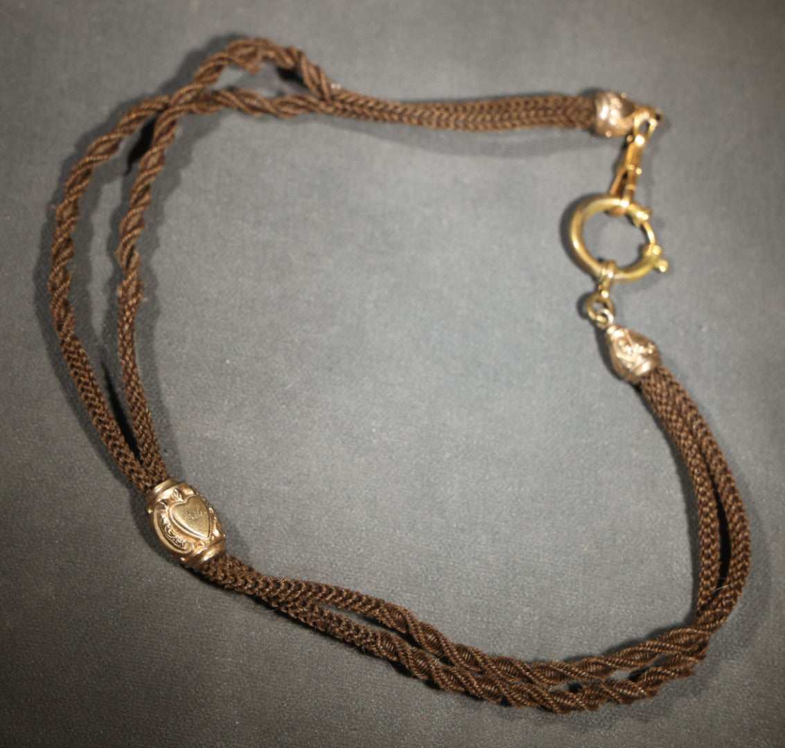 Antique Victorian Woven Hair Watch Chain with Gold-Tone Heart-Motif Slider Engraved "A.L." and "M.L.," Spring Ring Clasp, Devotional Keepsake