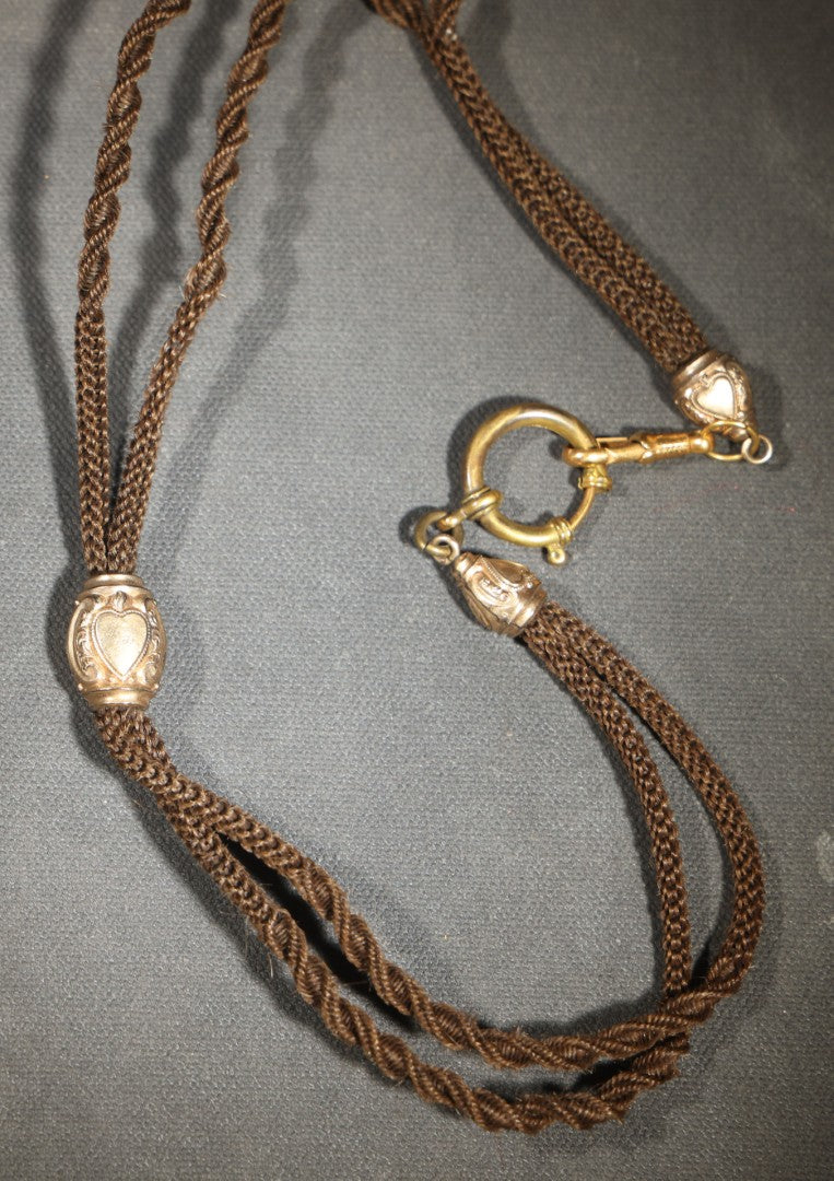 Antique Victorian Woven Hair Watch Chain with Gold-Tone Heart-Motif Slider Engraved "A.L." and "M.L.," Spring Ring Clasp, Devotional Keepsake
