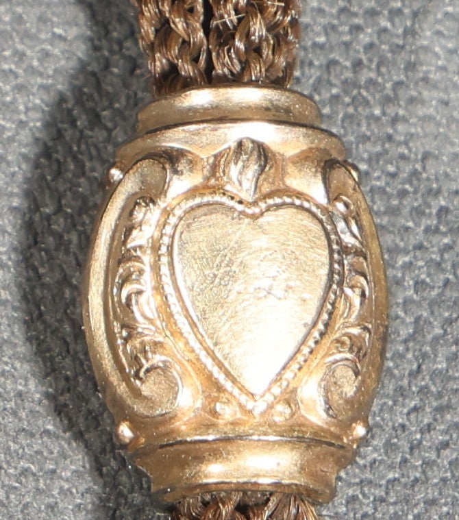 Antique Victorian Woven Hair Watch Chain with Gold-Tone Heart-Motif Slider Engraved "A.L." and "M.L.," Spring Ring Clasp, Devotional Keepsake