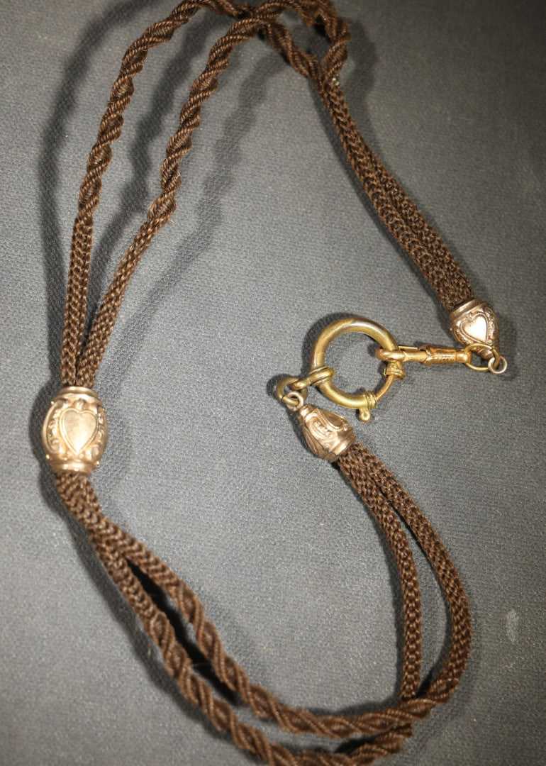 Antique Victorian Woven Hair Watch Chain with Gold-Tone Heart-Motif Slider Engraved "A.L." and "M.L.," Spring Ring Clasp, Devotional Keepsake
