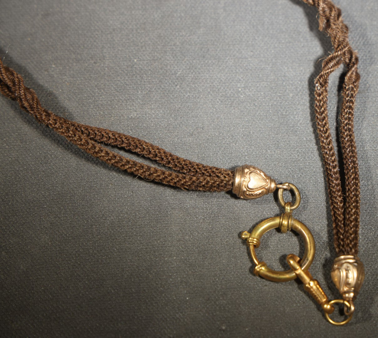 Antique Victorian Woven Hair Watch Chain with Gold-Tone Heart-Motif Slider Engraved "A.L." and "M.L.," Spring Ring Clasp, Devotional Keepsake