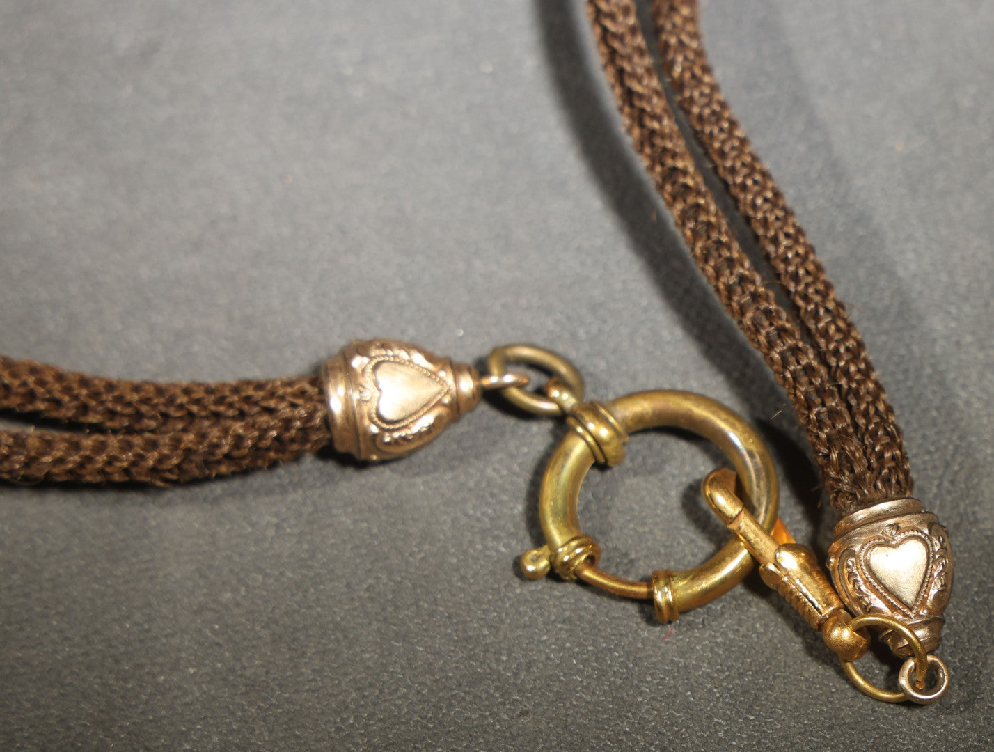 Antique Victorian Woven Hair Watch Chain with Gold-Tone Heart-Motif Slider Engraved "A.L." and "M.L.," Spring Ring Clasp, Devotional Keepsake