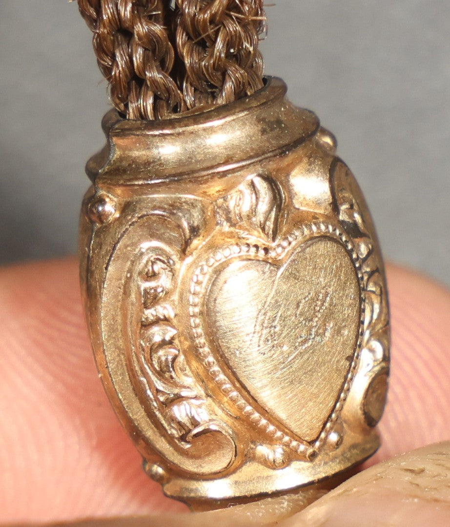 Antique Victorian Woven Hair Watch Chain with Gold-Tone Heart-Motif Slider Engraved "A.L." and "M.L.," Spring Ring Clasp, Devotional Keepsake