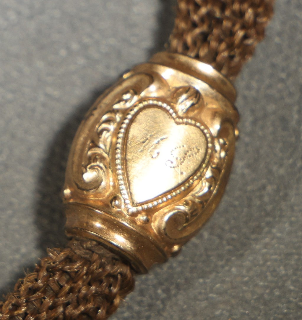 Antique Victorian Woven Hair Watch Chain with Gold-Tone Heart-Motif Slider Engraved "A.L." and "M.L.," Spring Ring Clasp, Devotional Keepsake