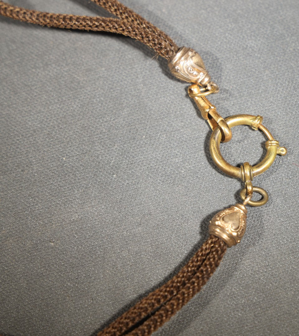 Antique Victorian Woven Hair Watch Chain with Gold-Tone Heart-Motif Slider Engraved "A.L." and "M.L.," Spring Ring Clasp, Devotional Keepsake