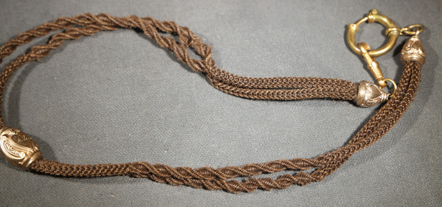 Antique Victorian Woven Hair Watch Chain with Gold-Tone Heart-Motif Slider Engraved "A.L." and "M.L.," Spring Ring Clasp, Devotional Keepsake