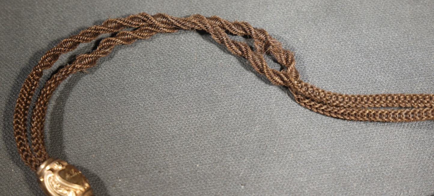Antique Victorian Woven Hair Watch Chain with Gold-Tone Heart-Motif Slider Engraved "A.L." and "M.L.," Spring Ring Clasp, Devotional Keepsake