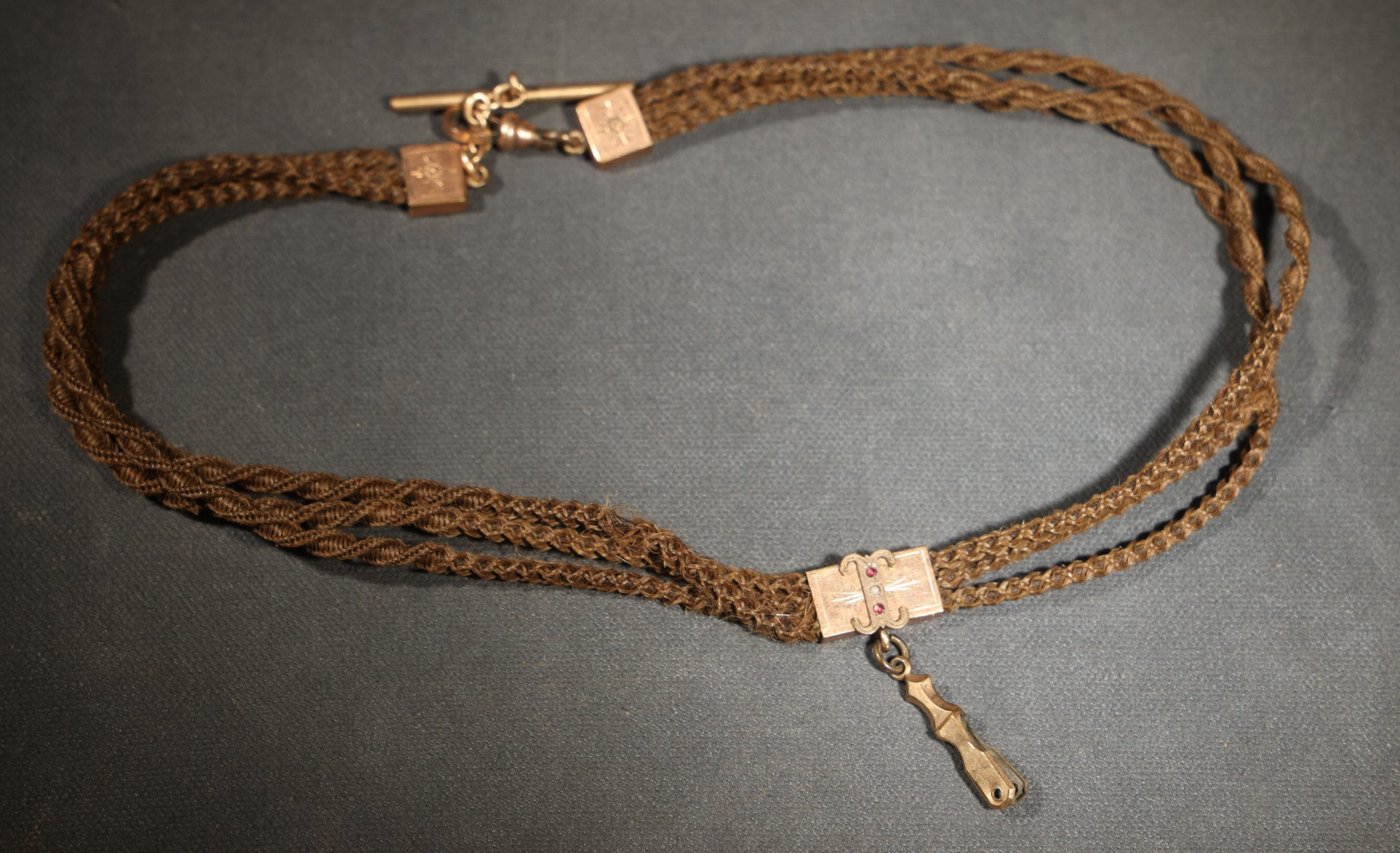 Antique Victorian Woven Hair Watch Chain with Gold-Tone T-Bar, Engraved End Caps, Stone-Set Slider, and Fob Clip, Pendant Missing