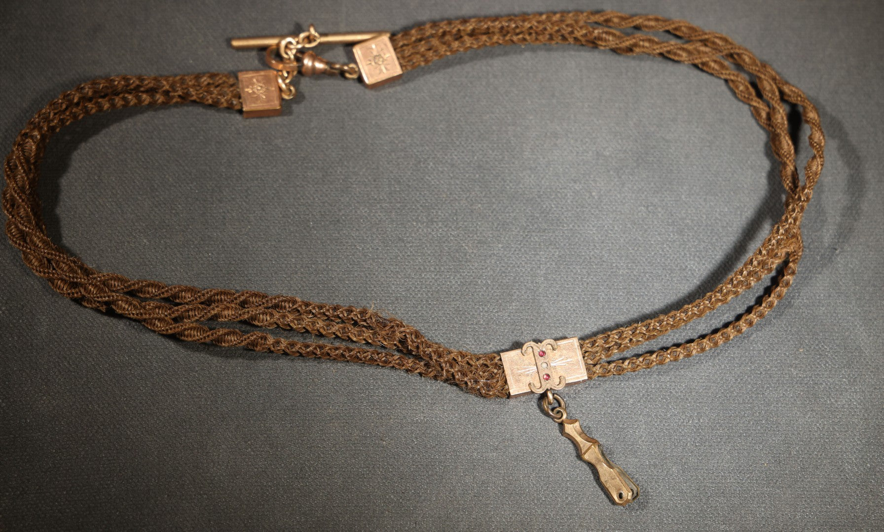 Antique Victorian Woven Hair Watch Chain with Gold-Tone T-Bar, Engraved End Caps, Stone-Set Slider, and Fob Clip, Pendant Missing