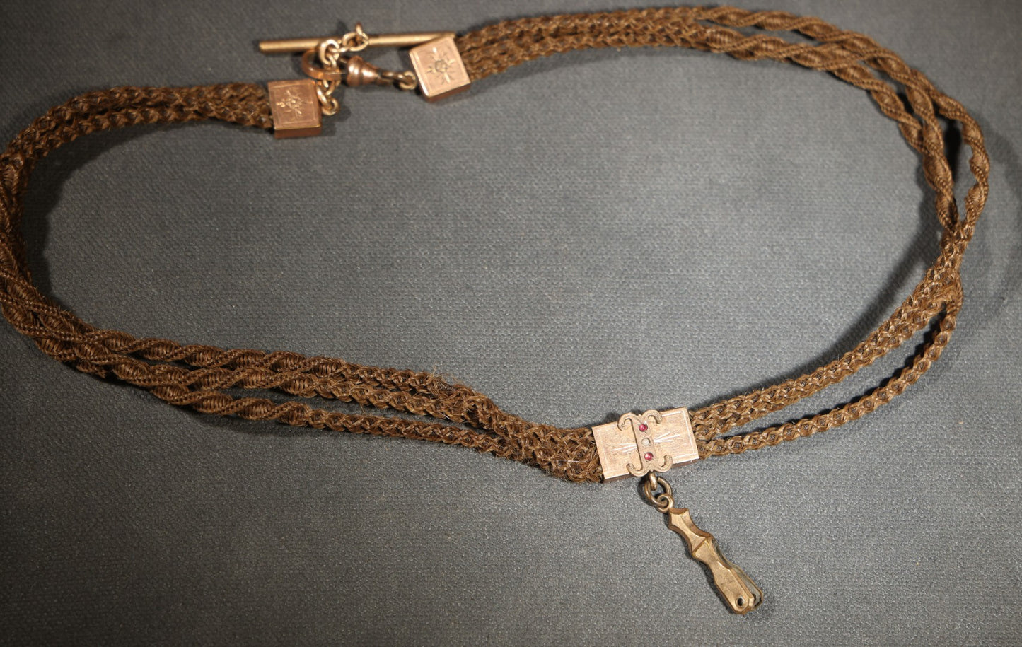 Antique Victorian Woven Hair Watch Chain with Gold-Tone T-Bar, Engraved End Caps, Stone-Set Slider, and Fob Clip, Pendant Missing