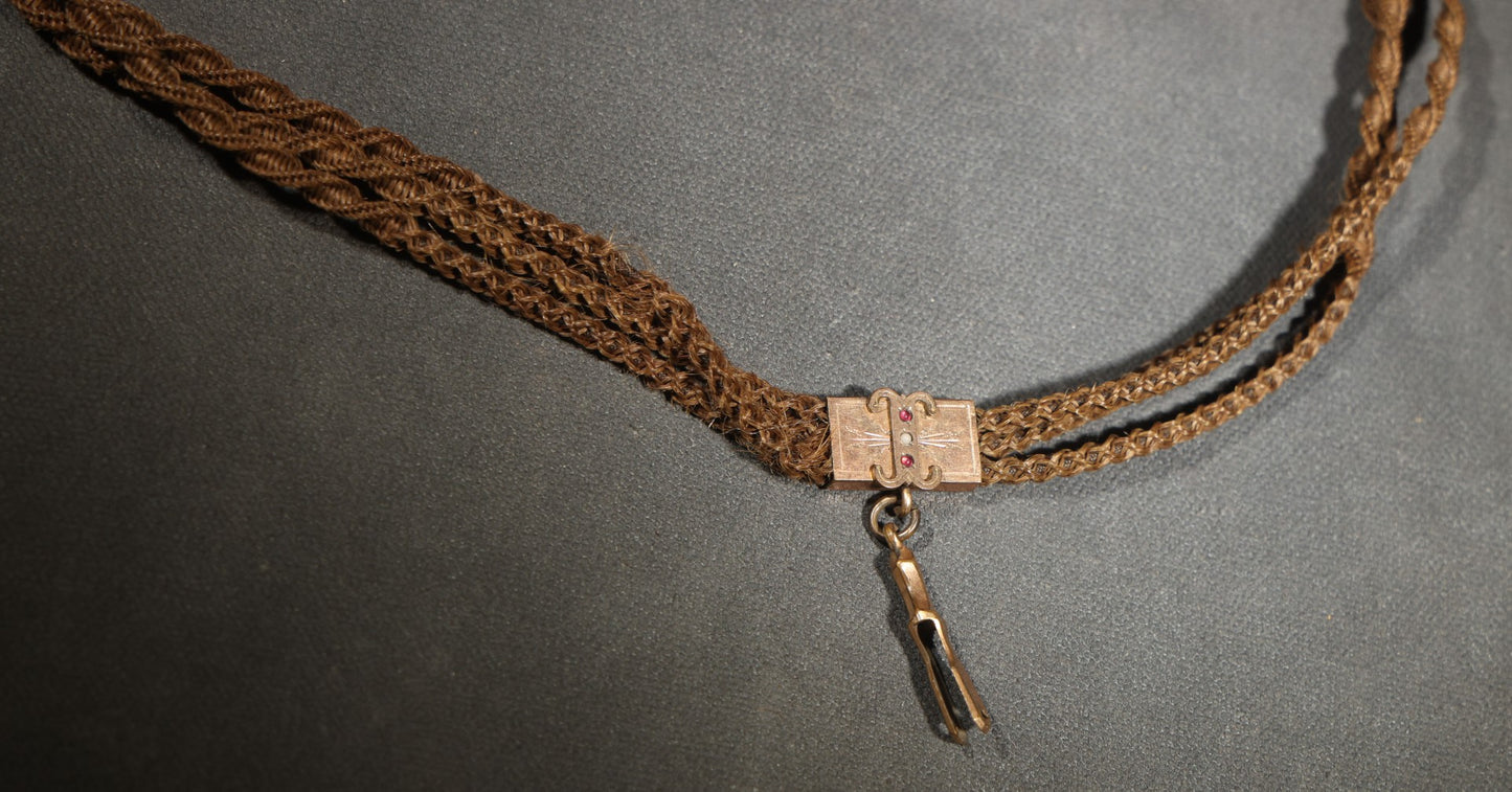 Antique Victorian Woven Hair Watch Chain with Gold-Tone T-Bar, Engraved End Caps, Stone-Set Slider, and Fob Clip, Pendant Missing