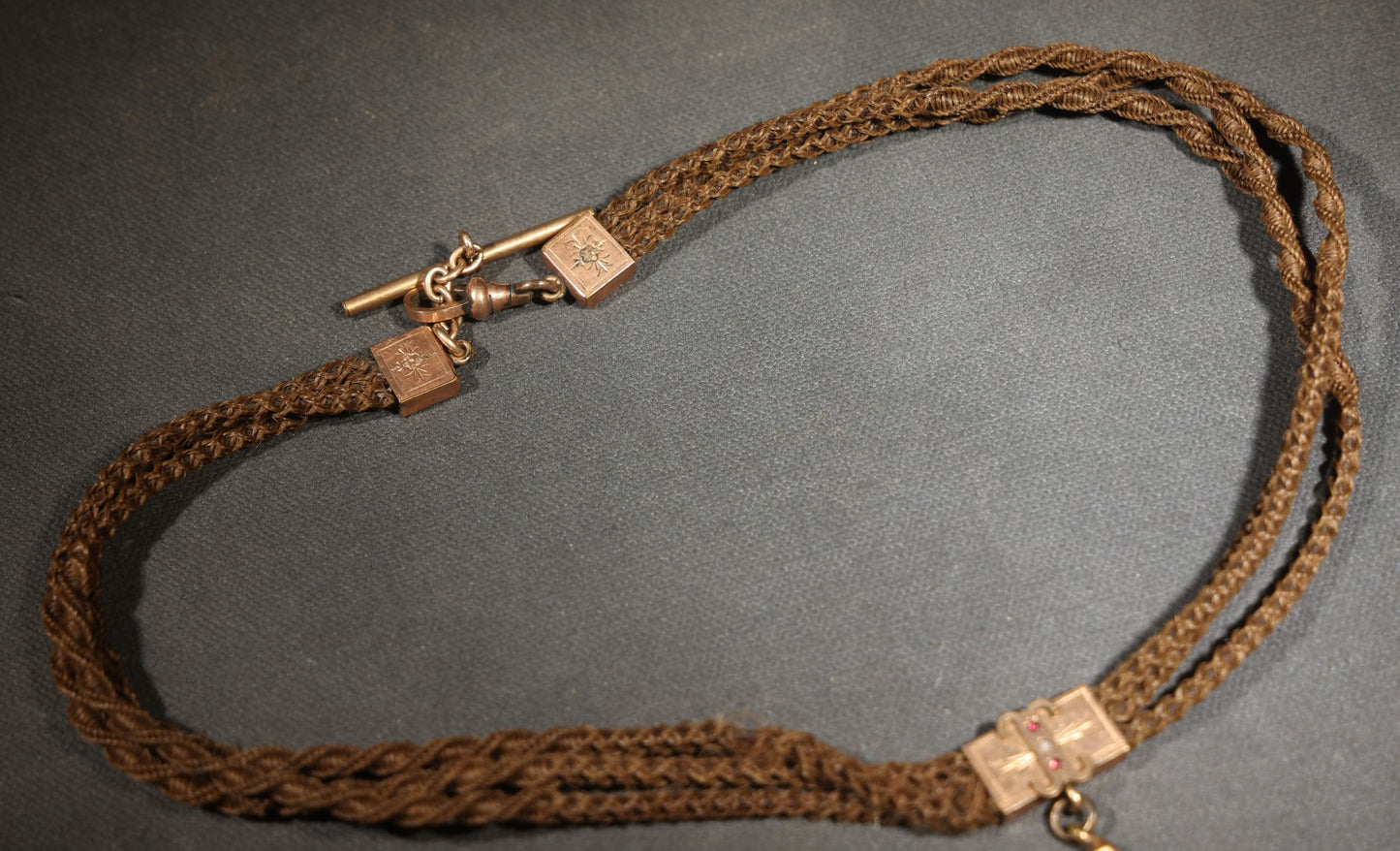 Antique Victorian Woven Hair Watch Chain with Gold-Tone T-Bar, Engraved End Caps, Stone-Set Slider, and Fob Clip, Pendant Missing