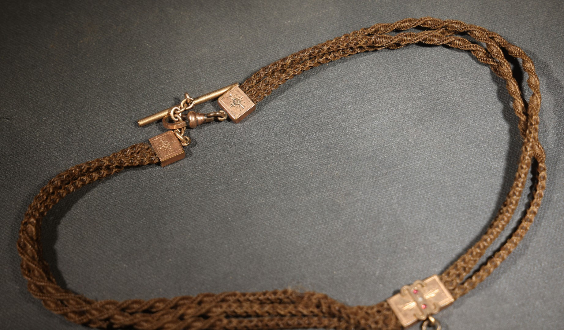 Antique Victorian Woven Hair Watch Chain with Gold-Tone T-Bar, Engraved End Caps, Stone-Set Slider, and Fob Clip, Pendant Missing