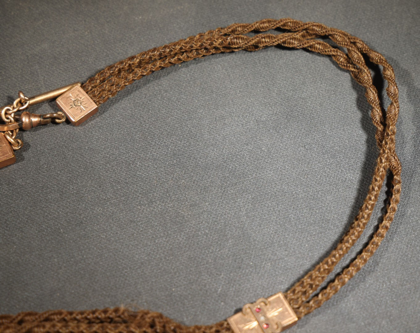 Antique Victorian Woven Hair Watch Chain with Gold-Tone T-Bar, Engraved End Caps, Stone-Set Slider, and Fob Clip, Pendant Missing