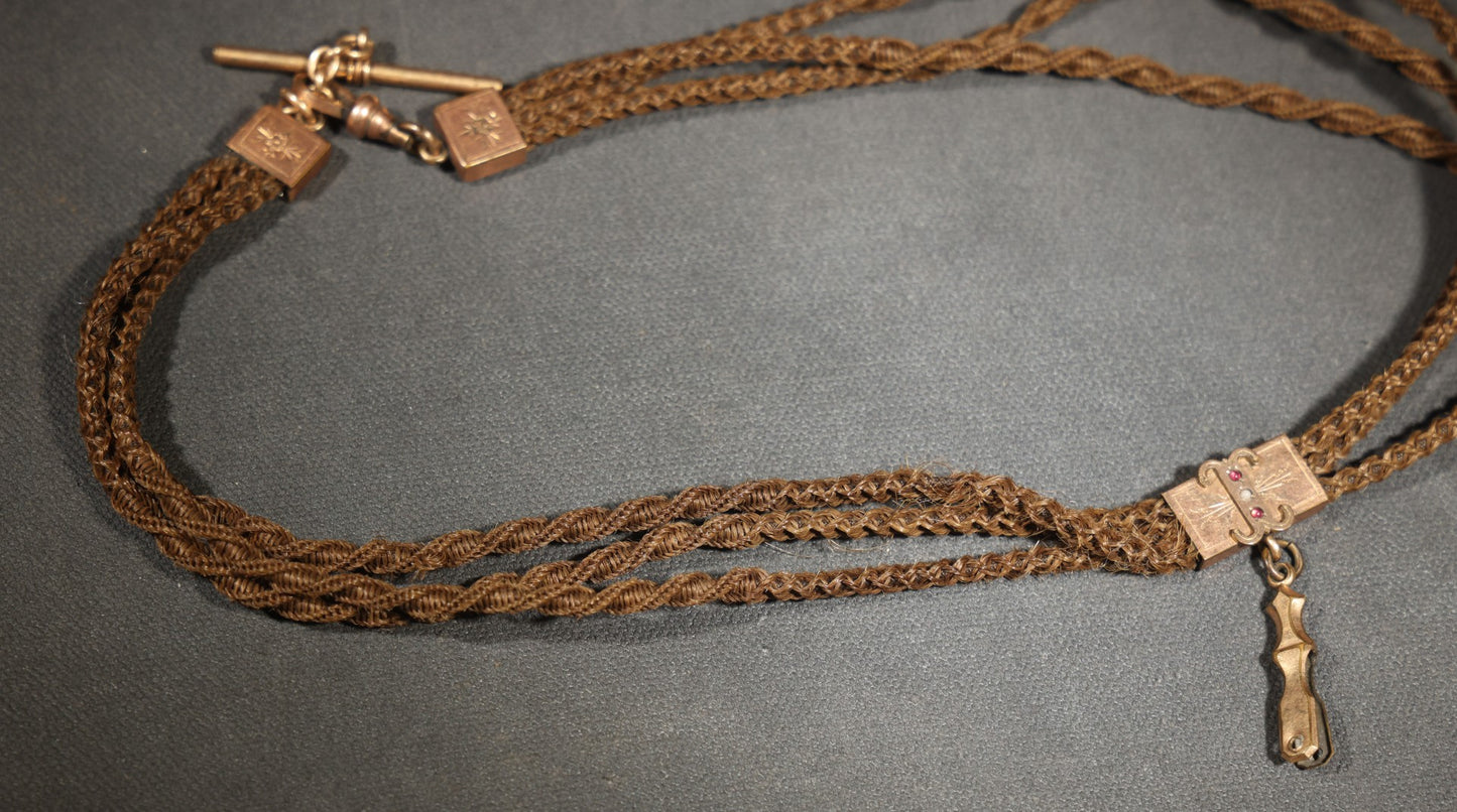 Antique Victorian Woven Hair Watch Chain with Gold-Tone T-Bar, Engraved End Caps, Stone-Set Slider, and Fob Clip, Pendant Missing
