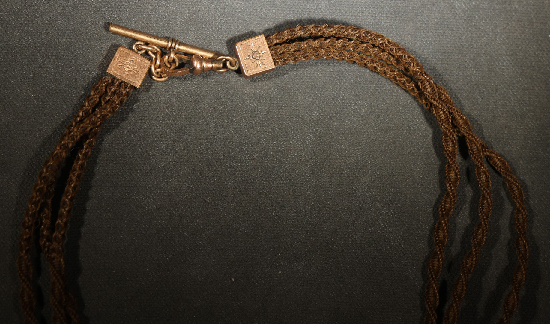 Antique Victorian Woven Hair Watch Chain with Gold-Tone T-Bar, Engraved End Caps, Stone-Set Slider, and Fob Clip, Pendant Missing