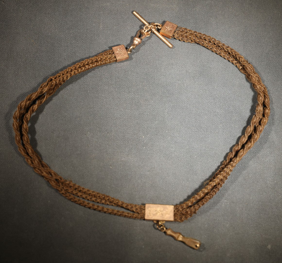 Antique Victorian Woven Hair Watch Chain with Gold-Tone T-Bar, Engraved End Caps, Stone-Set Slider, and Fob Clip, Pendant Missing