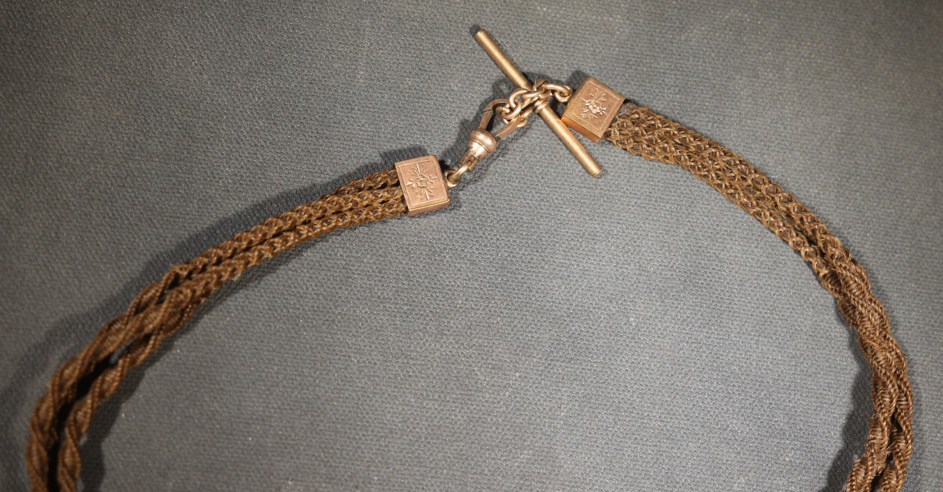 Antique Victorian Woven Hair Watch Chain with Gold-Tone T-Bar, Engraved End Caps, Stone-Set Slider, and Fob Clip, Pendant Missing