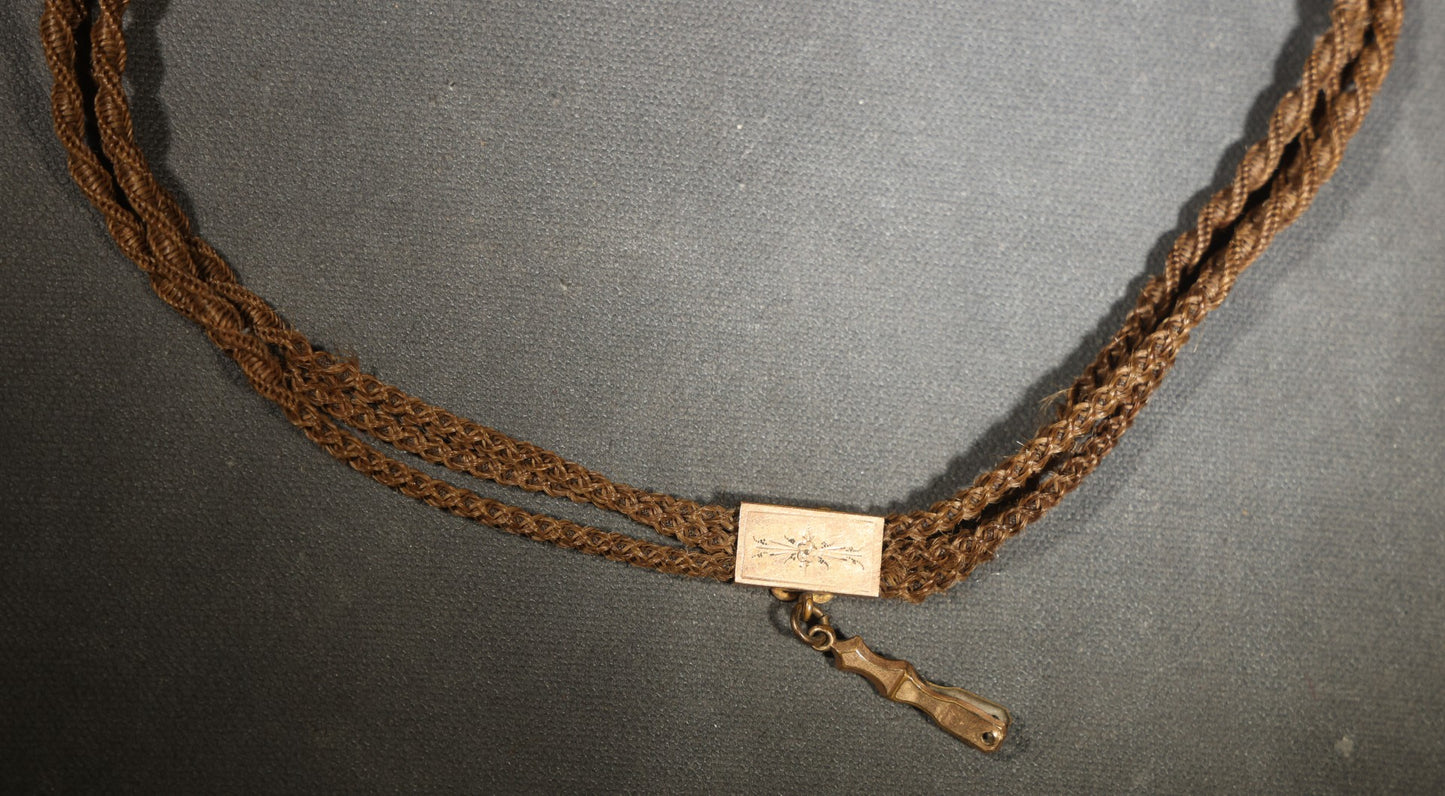 Antique Victorian Woven Hair Watch Chain with Gold-Tone T-Bar, Engraved End Caps, Stone-Set Slider, and Fob Clip, Pendant Missing