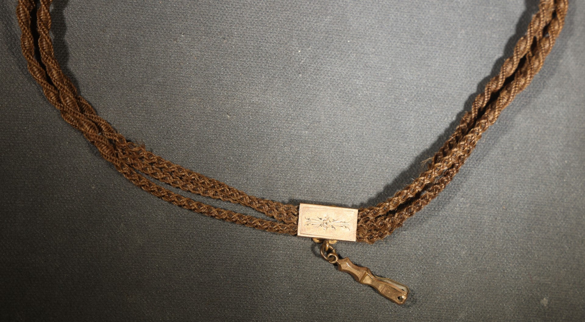 Antique Victorian Woven Hair Watch Chain with Gold-Tone T-Bar, Engraved End Caps, Stone-Set Slider, and Fob Clip, Pendant Missing