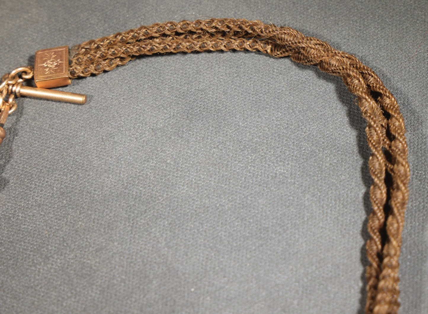 Antique Victorian Woven Hair Watch Chain with Gold-Tone T-Bar, Engraved End Caps, Stone-Set Slider, and Fob Clip, Pendant Missing