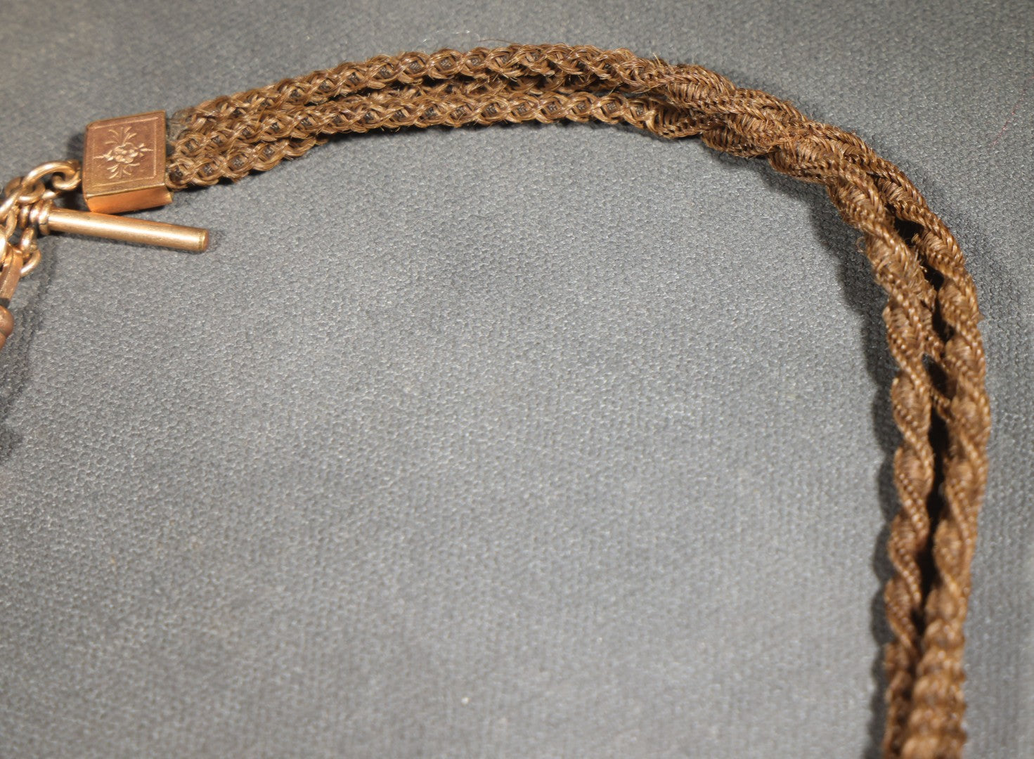 Antique Victorian Woven Hair Watch Chain with Gold-Tone T-Bar, Engraved End Caps, Stone-Set Slider, and Fob Clip, Pendant Missing
