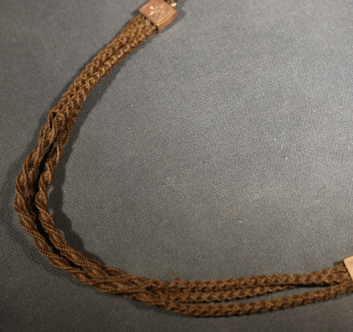 Antique Victorian Woven Hair Watch Chain with Gold-Tone T-Bar, Engraved End Caps, Stone-Set Slider, and Fob Clip, Pendant Missing